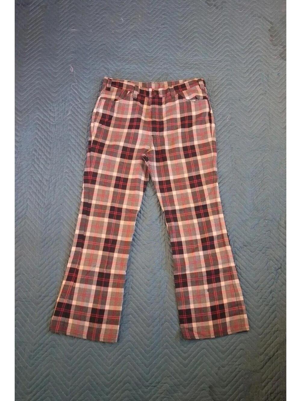 70s Vintage Levi's, Plaid Black, Red, White Retro Flared Pants Size Large Retro